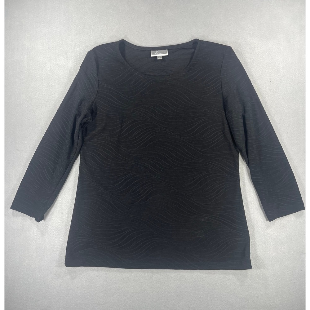 JM Collection Womens Black Textured Wavy Pattern 3/4 Sleeve Scoop Neck Top - S
